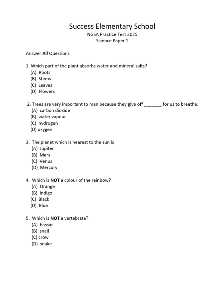 NGSA Science Practice Test 2025 | PDF | Blood | Foods