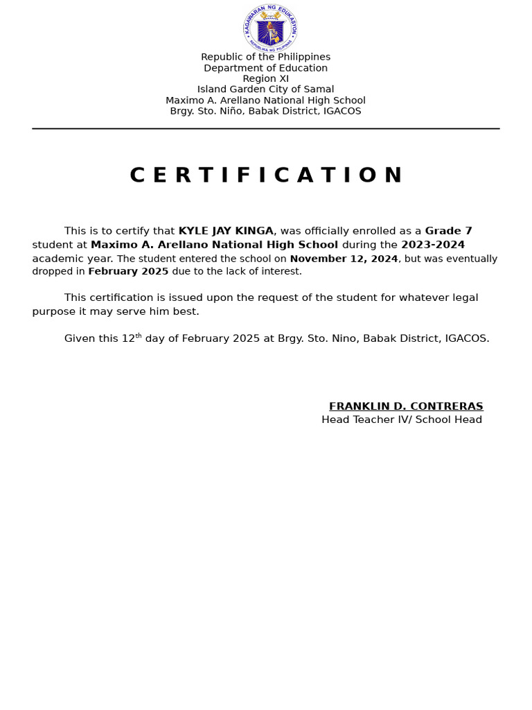 Grade 7 Enrollment Certification for Kyle Jay Kinga | PDF