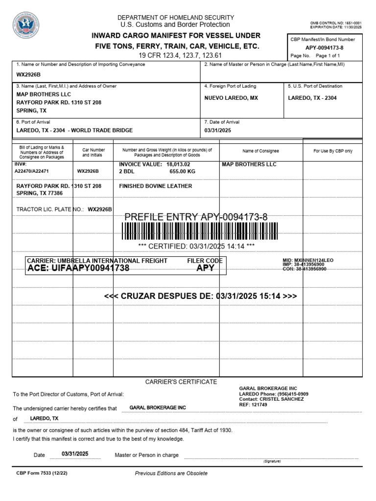 Inward Cargo Manifest for Vehicles | PDF | Cargo | U.S. Customs And ...