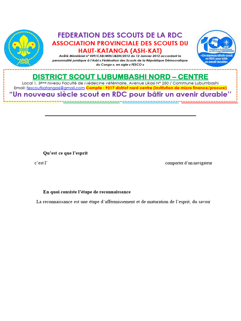 Programme des Jeunes Scouts en RDC | PDF | Santé publique | Maladies et ...