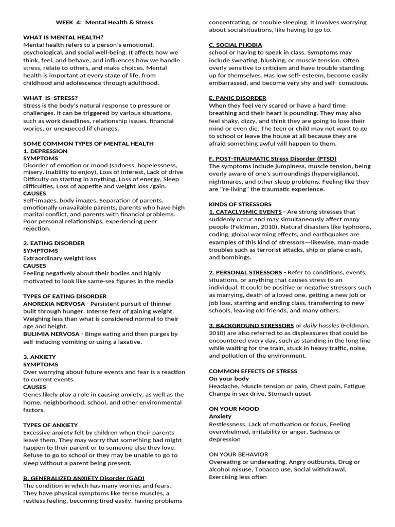 Mental Health and Stress Overview | PDF | Anxiety | Eating Disorder