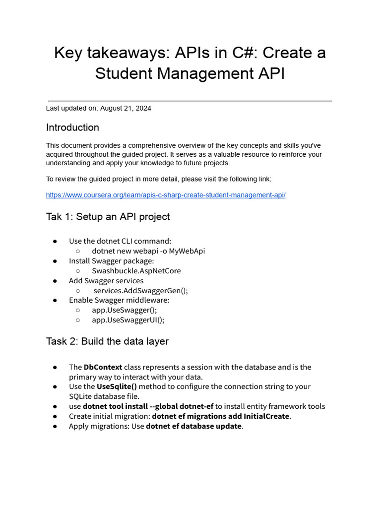 Key takeaways_ APIs in C#_ Create a Student Management API | PDF ...