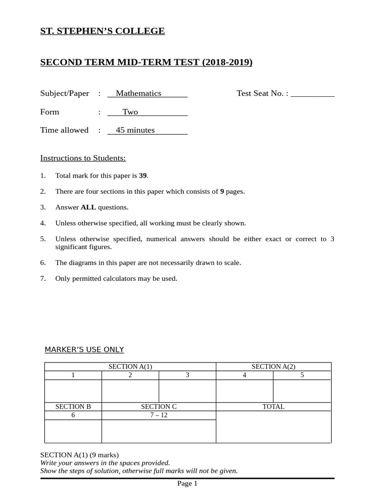 (2018-19) F.2 2nd Term Mid-Term Test | PDF | Equations | Area