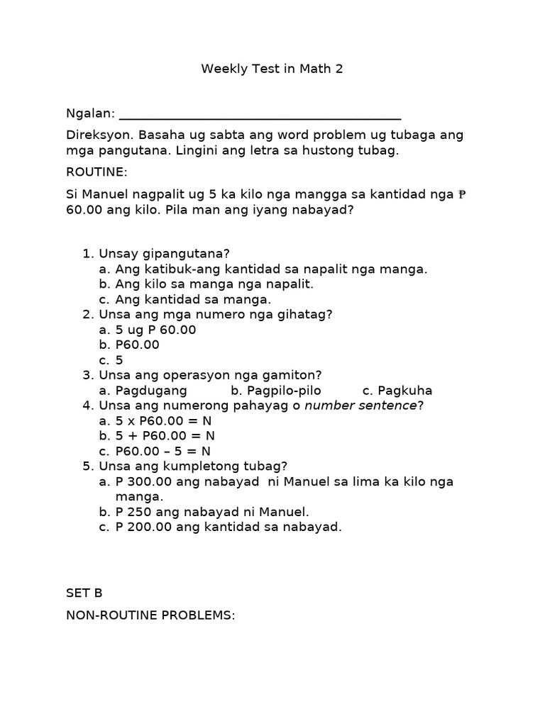 Weekly Test in Math 2 Week 9 | PDF