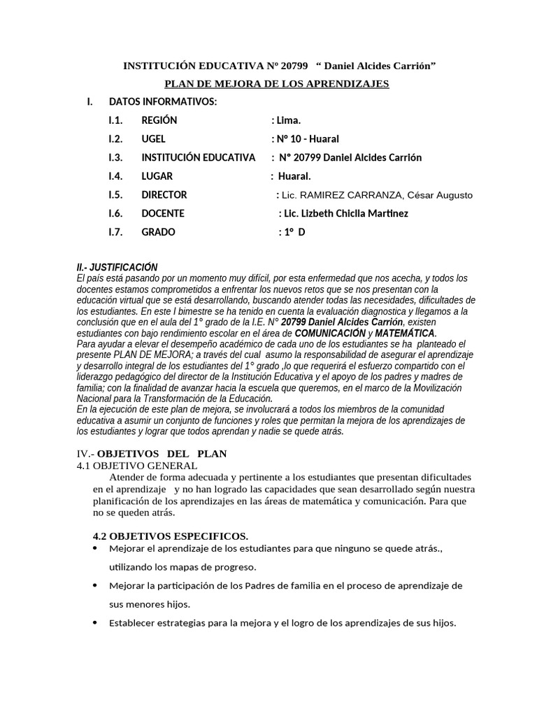 Plan de Mejora Educativa 1° Grado Huaral | PDF | Comprensión lectora ...