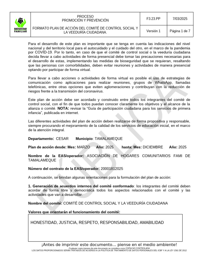 Plan de Acción Comité Control Social | PDF