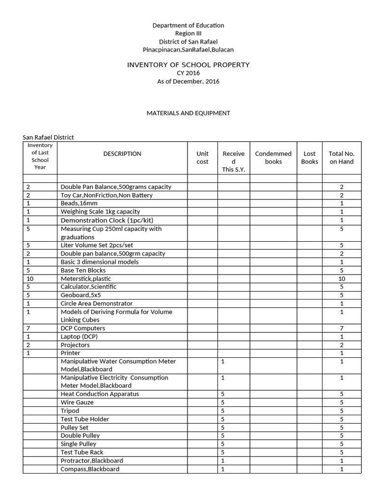 2016 School Property Inventory Report | PDF | Equipment | Manufactured ...