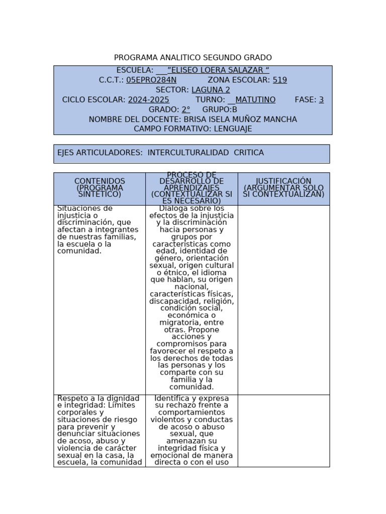 Programa Analítico Segundo Grado 2024 | PDF | Comunidad | Inclusión ...