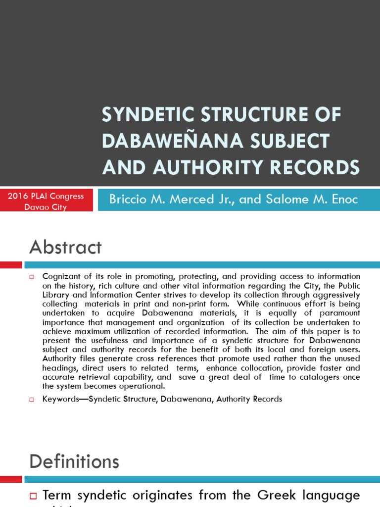 Syndetic Structure for Dabawenana Records | PDF | Libraries | Philippines