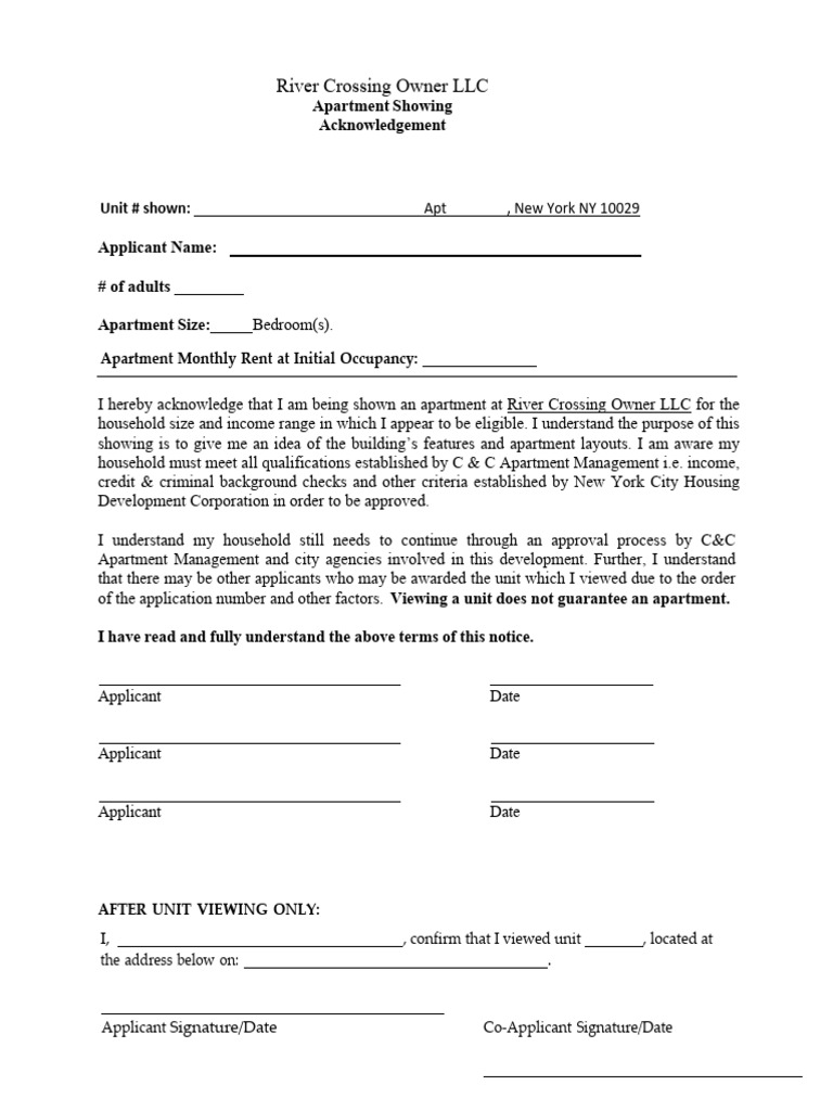 Apartment Showing Acknowledgement Form Crossing | PDF