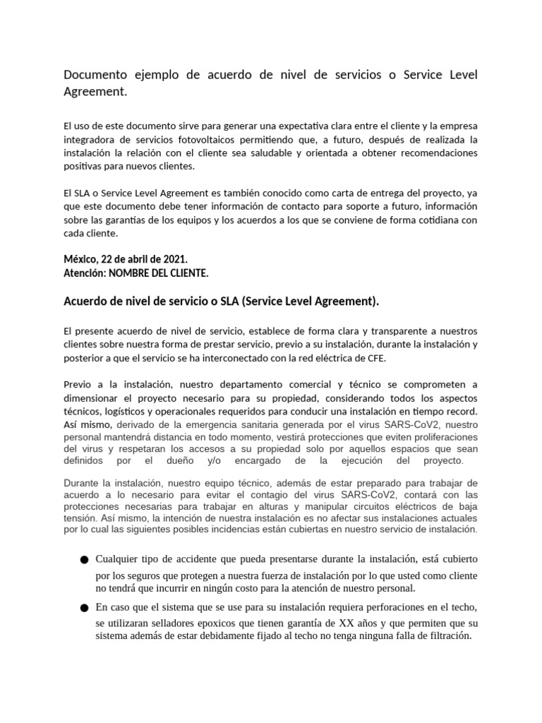 Ejemplo-SLA-CPEF-CPEF | PDF | Acuerdo de nivel de servicio | Fotovoltaica