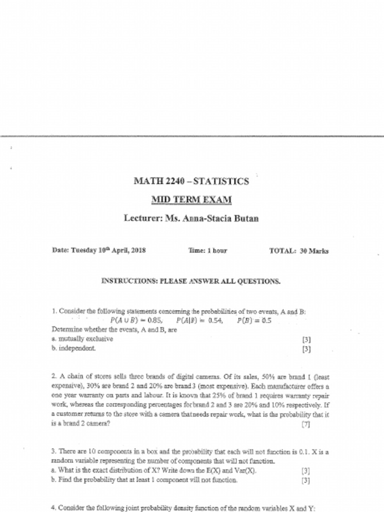 Math 2240 - Mid Term (2018) | PDF