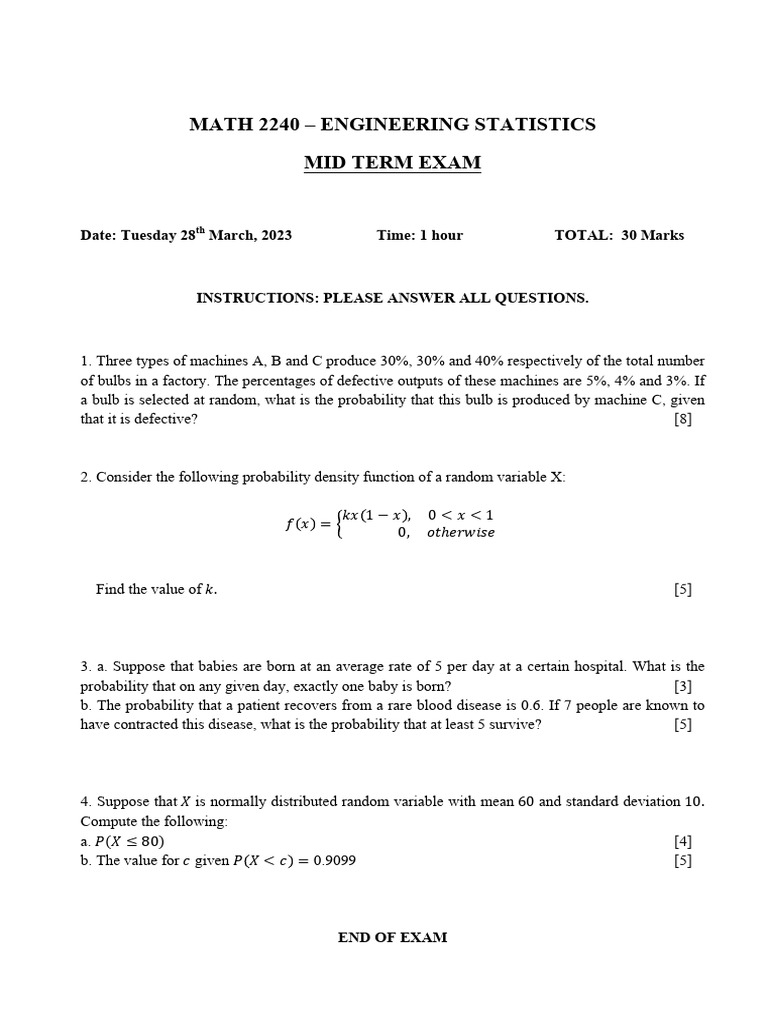 Engineering Statistics Midterm Exam | PDF | Probability Theory