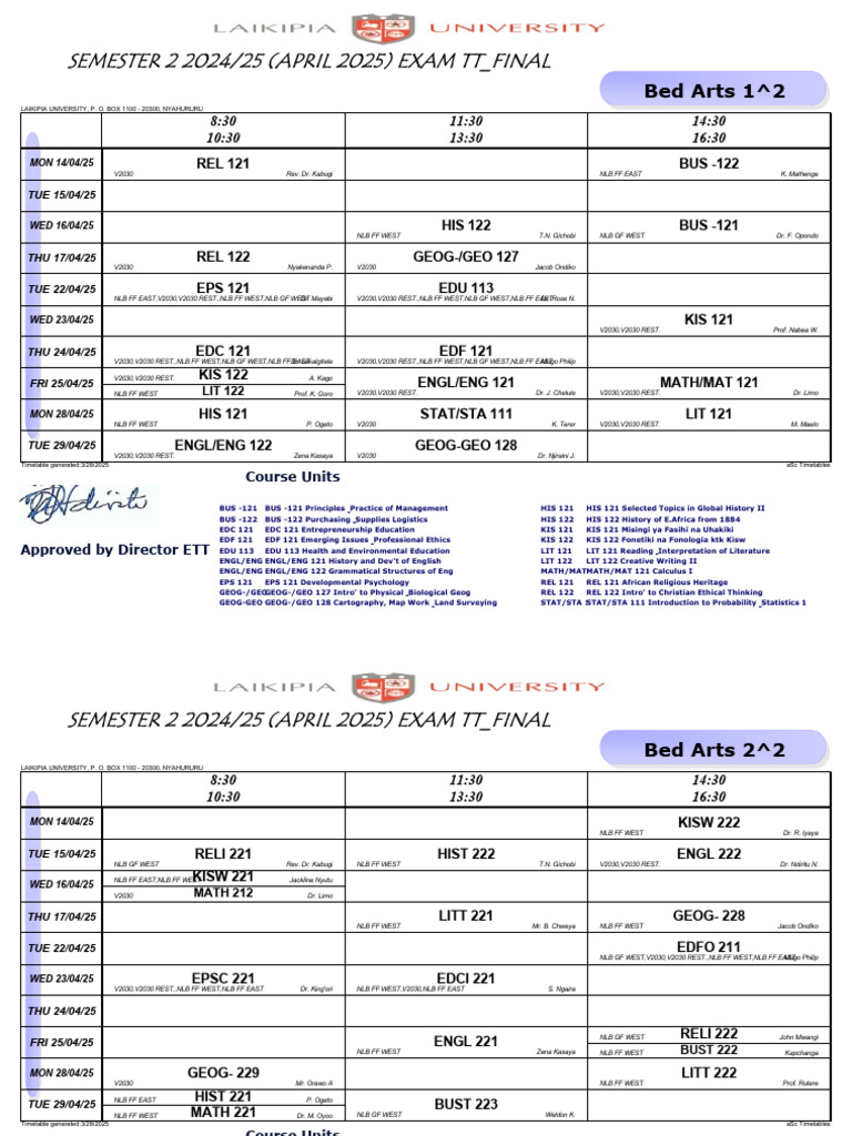 Semester 2 2024/25 Exam Timetable | PDF | Science | Liberal Arts Education