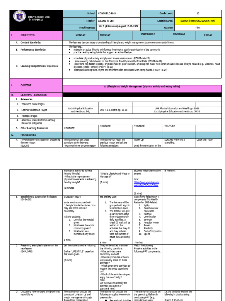 MAPEH 10 Daily Lesson Plan: Fitness & Nutrition | PDF | Physical ...
