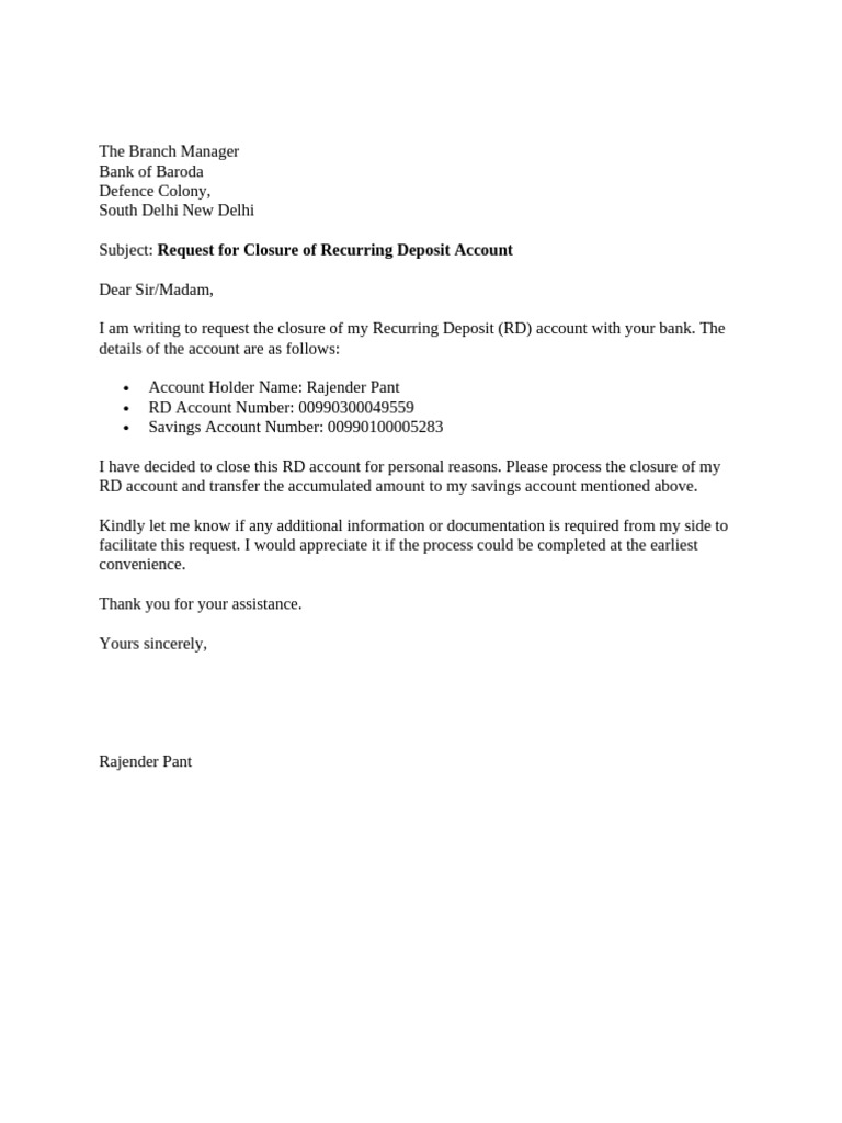 RD Account Closure Request Letters | PDF