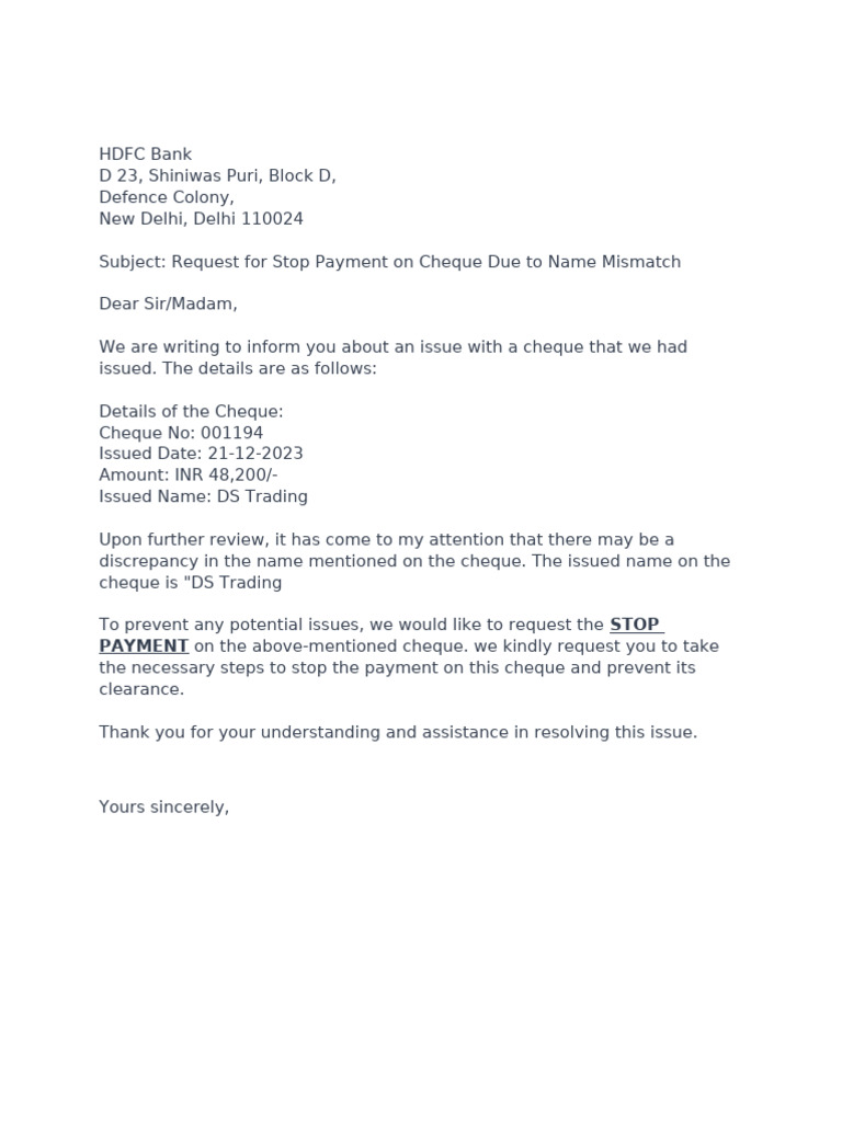 Stop Payment Request for Cheque Mismatch | PDF