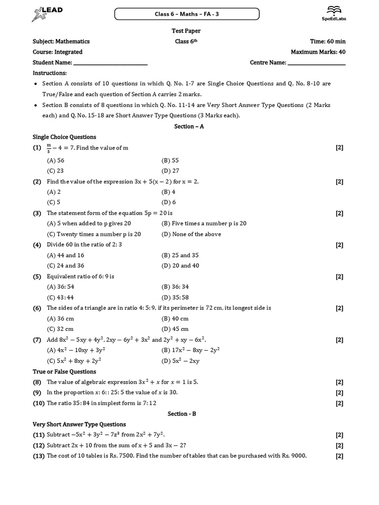 Class 6 Maths FA-3 Test Paper | PDF | Mathematics