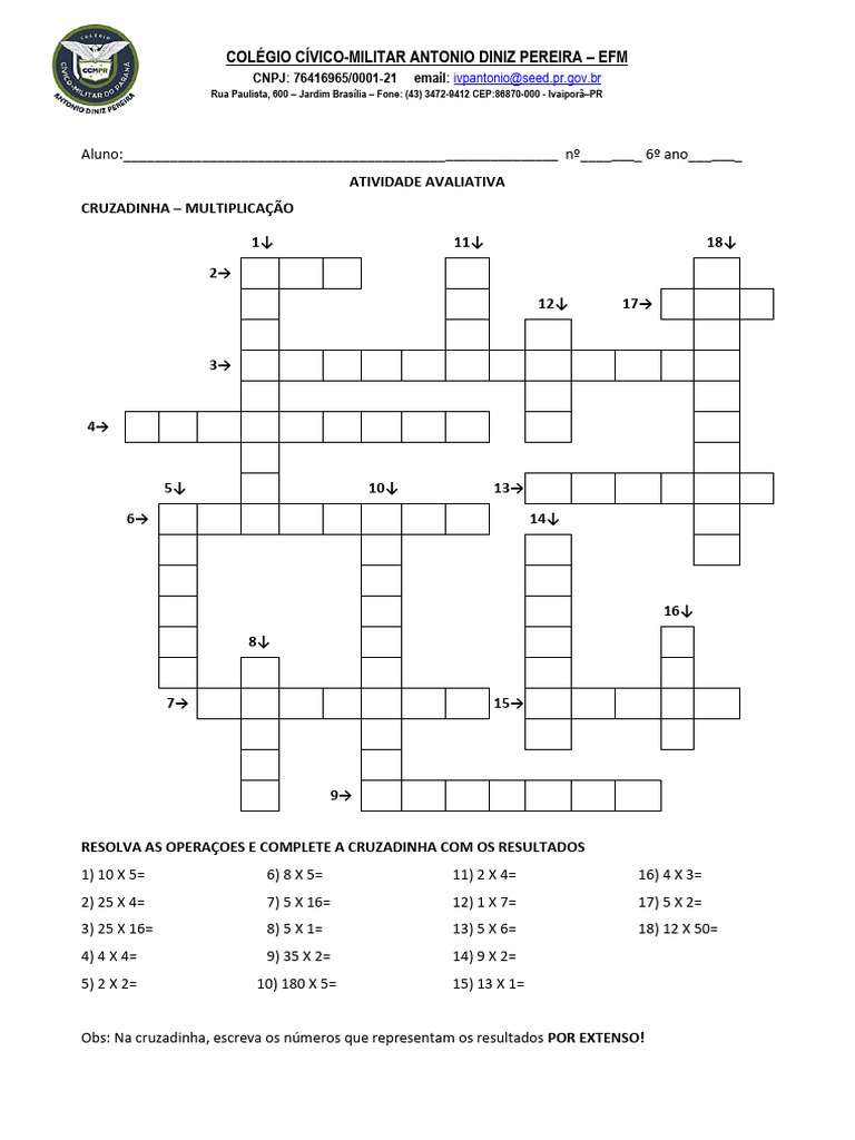 Cruzadinha de Multiplicação 6º Ano | PDF