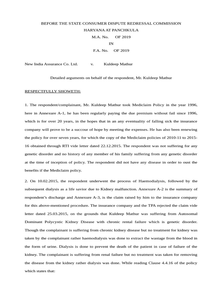 Kuldeep Mathur vs. New India Assurance Claim | PDF | Hemodialysis | Kidney