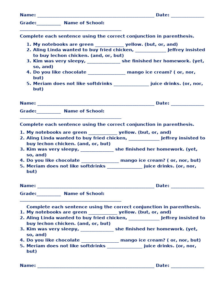 Conjunctions Homework Worksheet | PDF