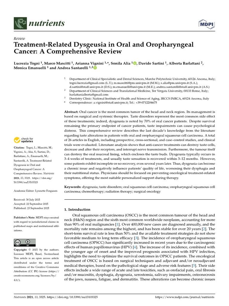 Treatment-Related Dysgeusia in Oral and Oropharyngeal | PDF | Radiation ...