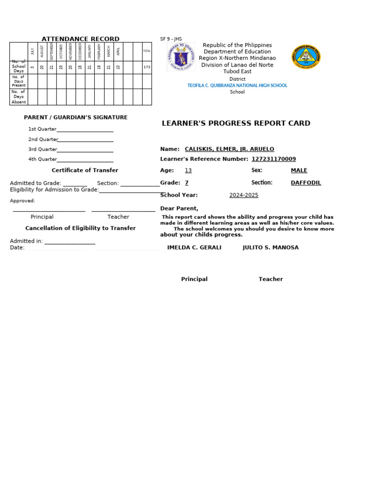 SF9 (Learners Progress Report Card) Template for JHS | PDF | Learning ...