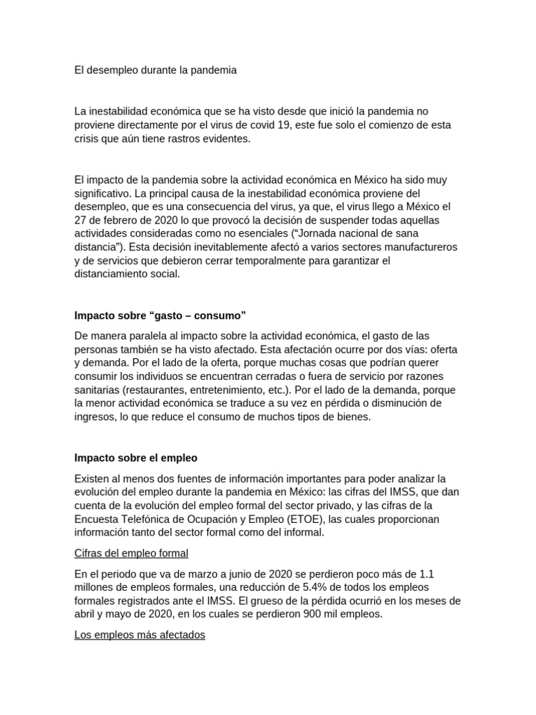 Desempleo en México durante la pandemia | PDF | Desempleo | Empleo