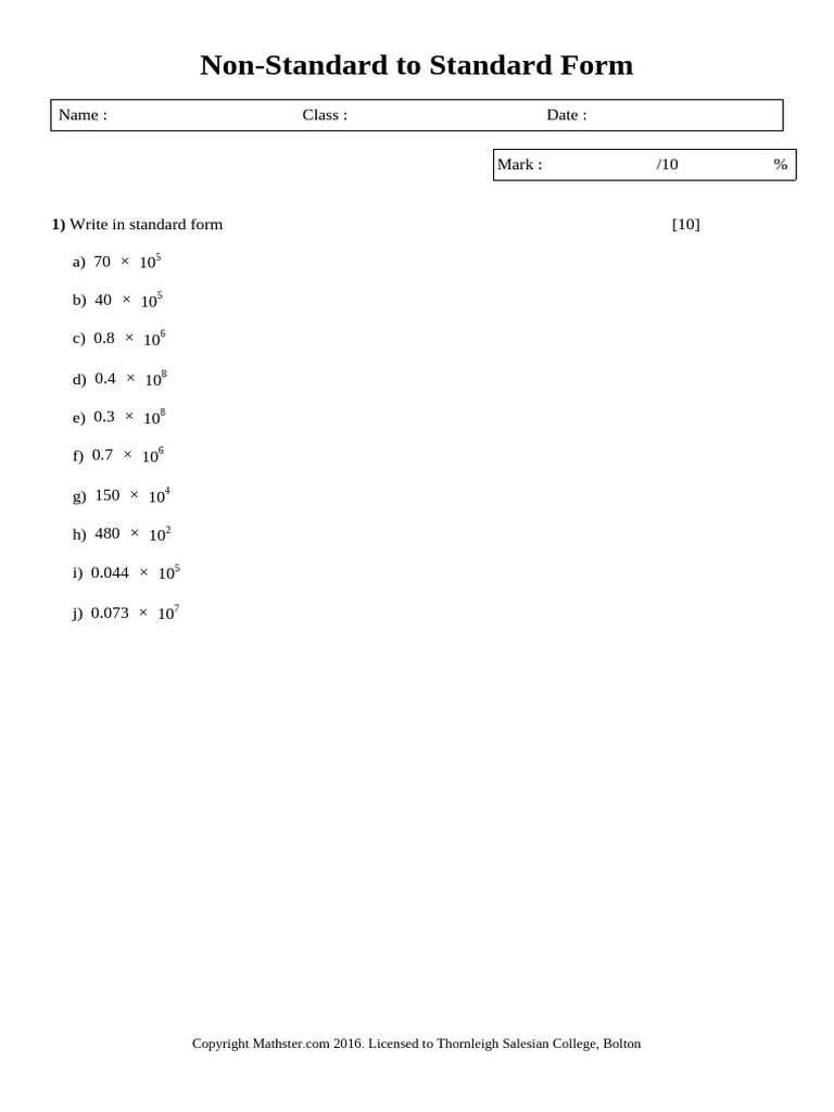 Maths Standard Form Worksheet 3 | PDF