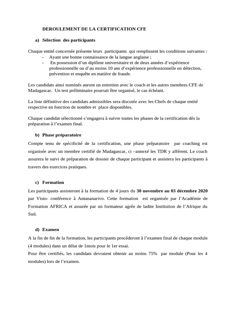 Certification CFE : Processus et Examen | PDF