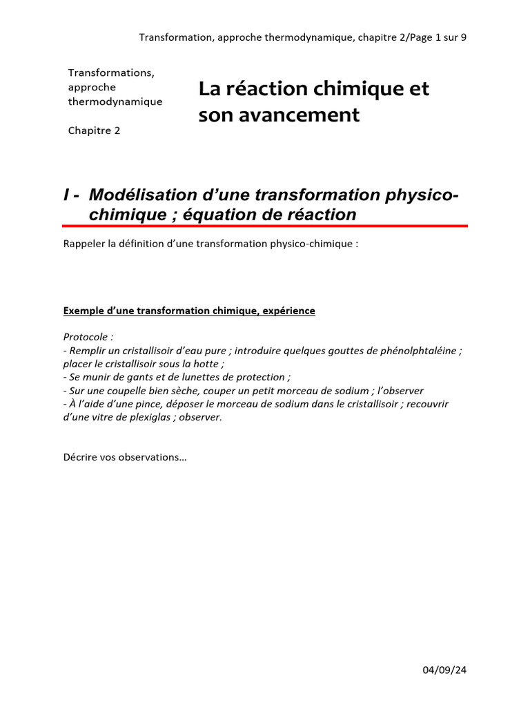 Réaction chimique et avancement thermodynamique | PDF | Stœchiométrie ...