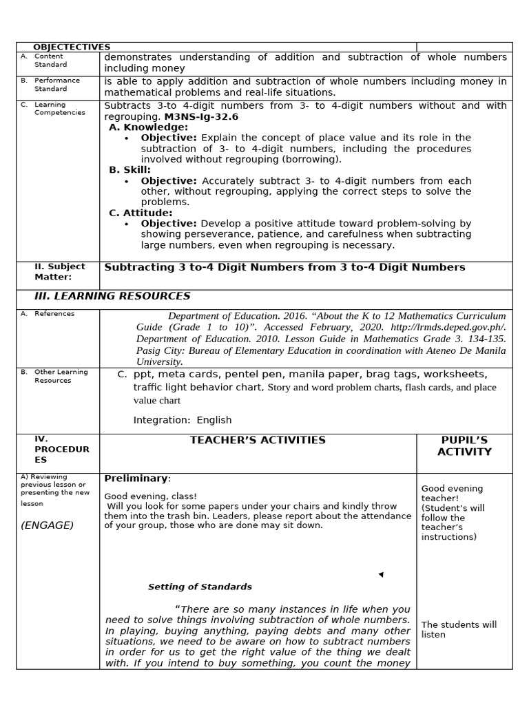Grade 3 Mathematics Lesson Plan - Subtracting 3 To-4 Digit Numbers From ...
