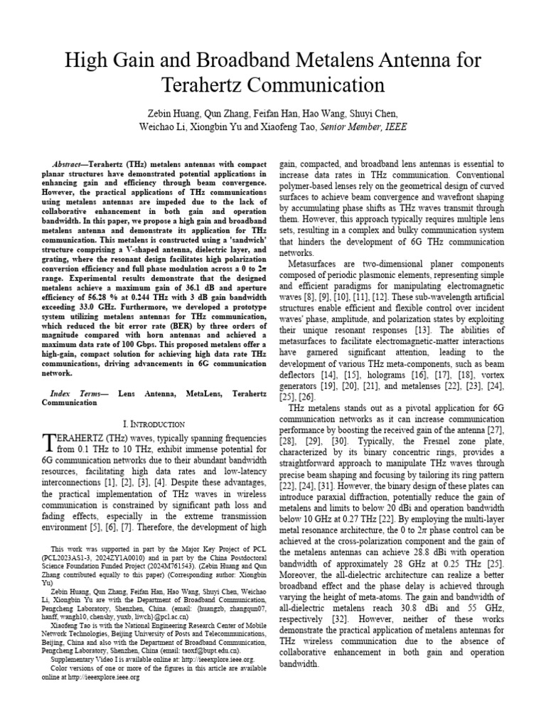 High Gain Broadband Metalens for THz Communication | PDF | Antenna ...