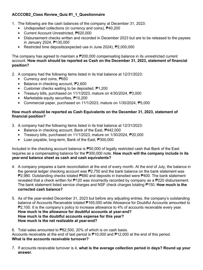 ACCCOB2 Class+Review Quiz+ 231 1 Questionnare | PDF | Banks | Cash And ...