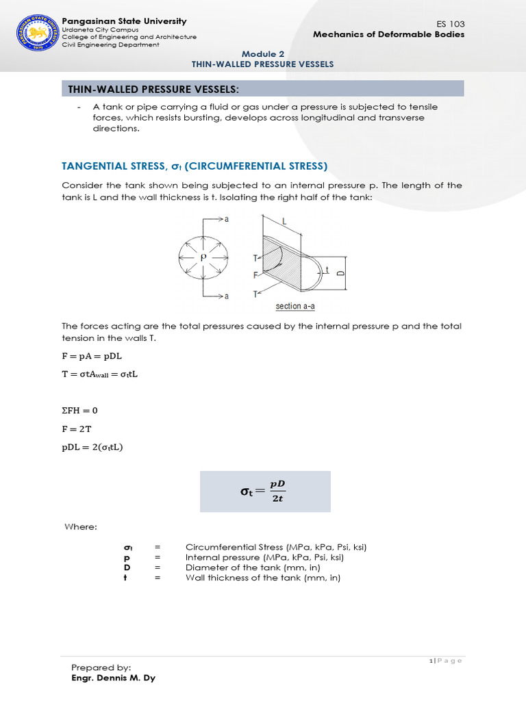 Thin-Walled Pressure Vessels Analysis | PDF | Stress (Mechanics) | Pressure