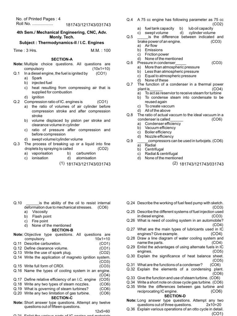 I.C. Engine and Thermodynamics Exam Guide | PDF | Engines | Internal ...