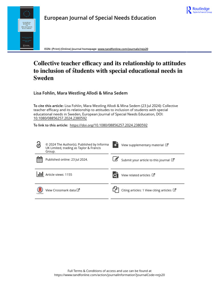 Teacher Efficacy and Inclusion Attitudes in Sweden | PDF | Structural ...