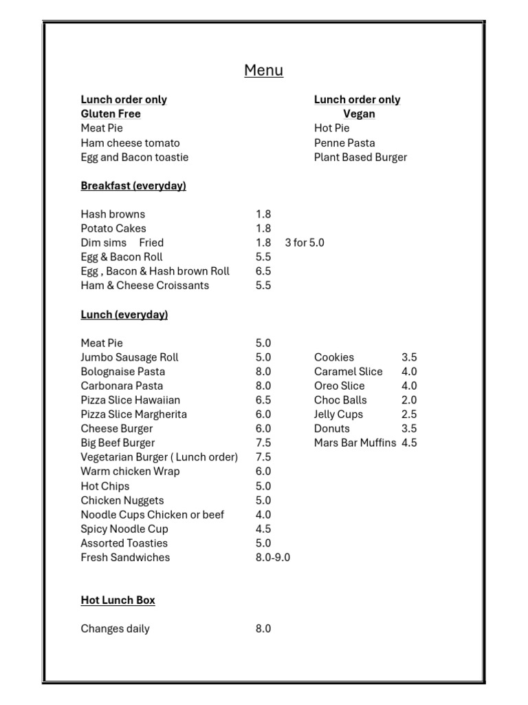 School Canteen Menu Options | PDF