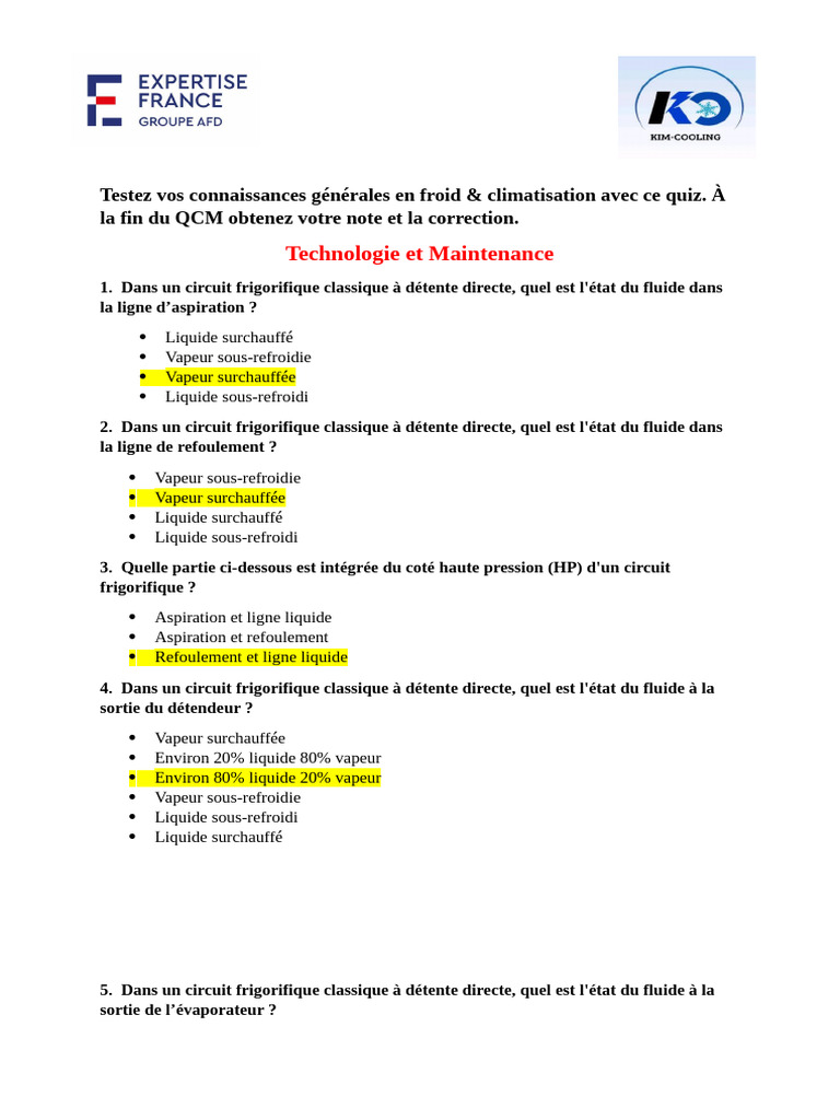 QCM Froid et Climatisation: Testez vos Connaissances | PDF