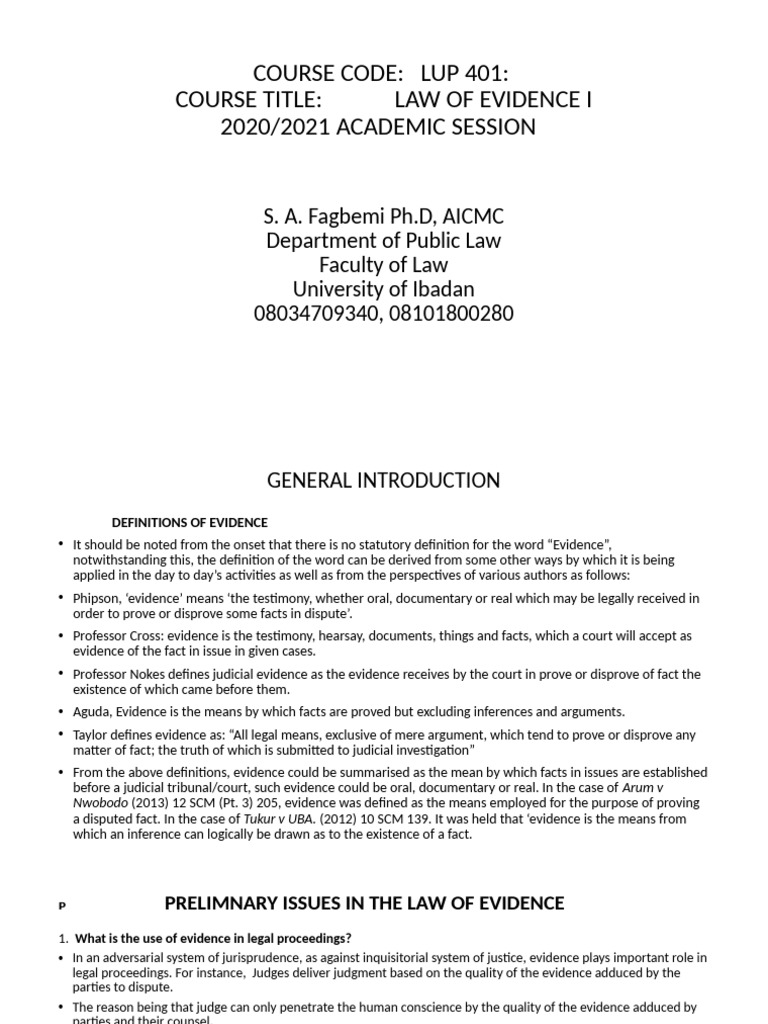 Law of Evidence I Notes 2020-2021 Session PP | PDF | Evidence (Law ...