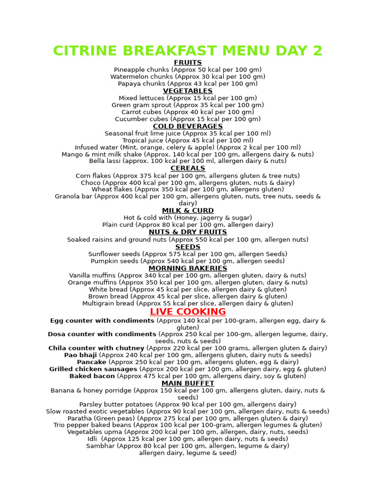 Citrine Café Breakfast Menu Day 2 | PDF | Fruit | Pancake
