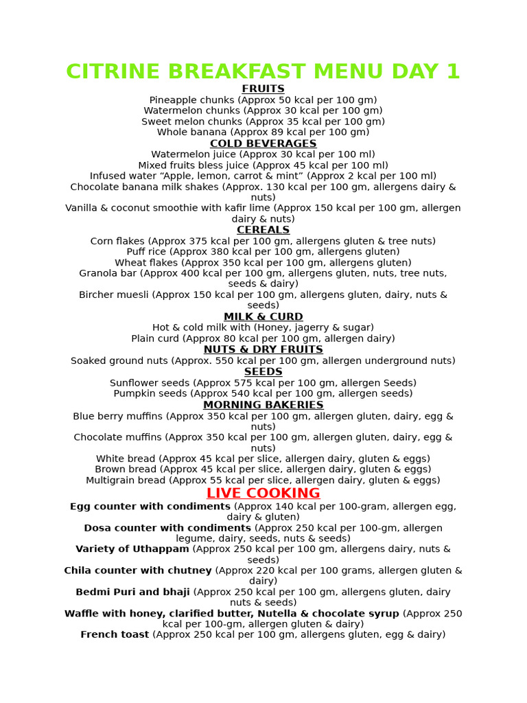 Citrine Day 1 Breakfast Menu | PDF | Western Cuisine | Food And Drink ...