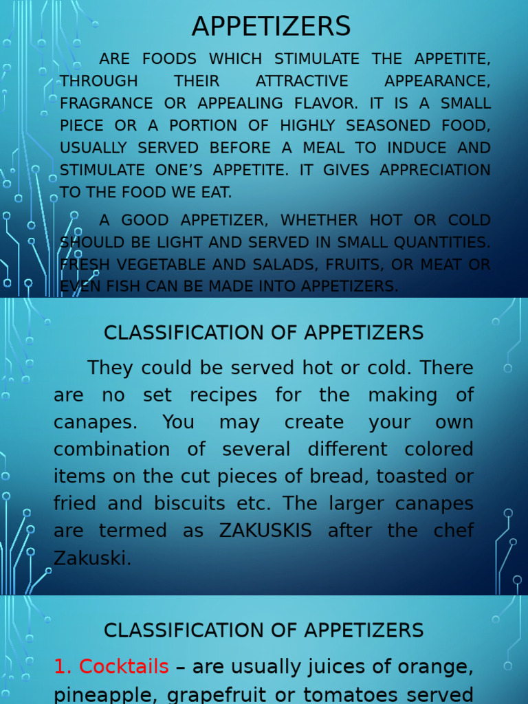 Types of Appetizers Explained | PDF | Hors D'oeuvre | Food And Drink ...