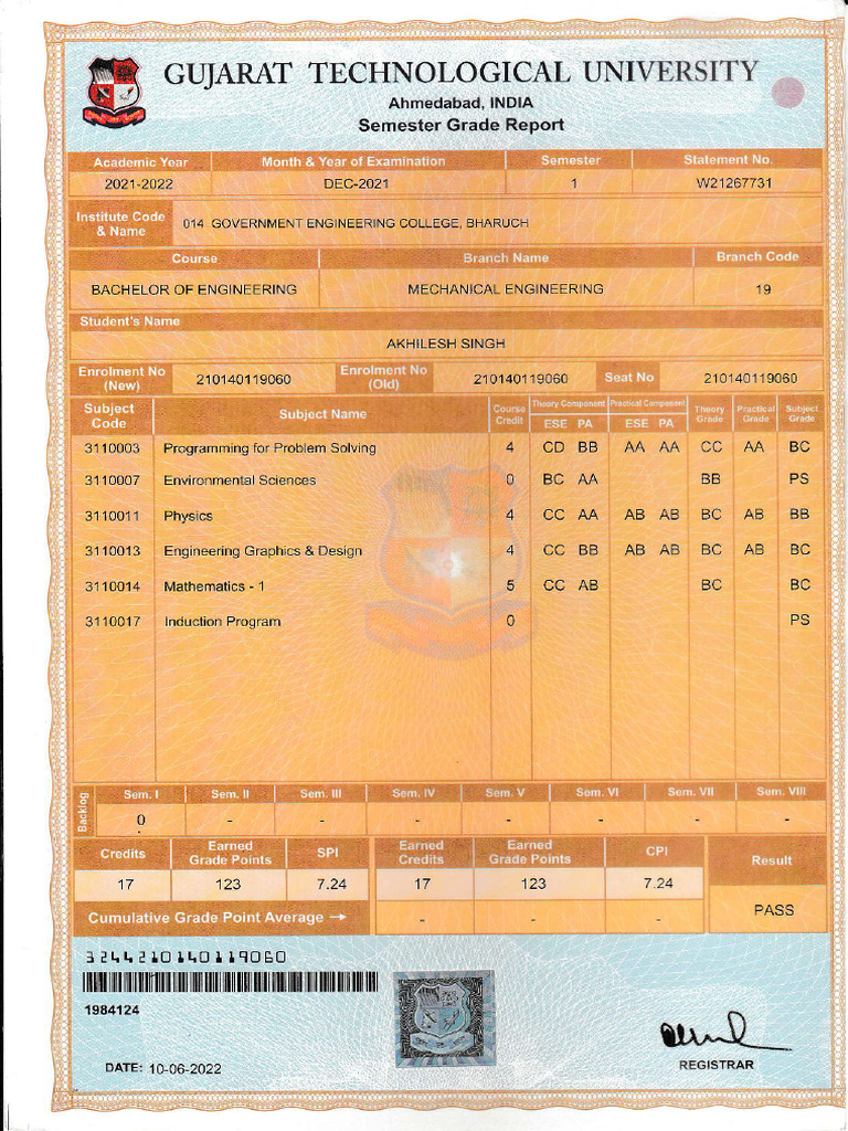 GTU Mechanical Engineering Marksheet | PDF | Engineering