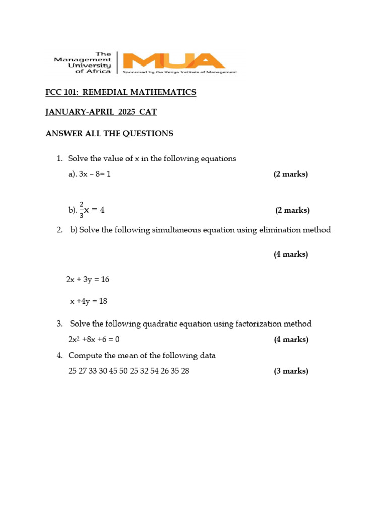 FCC Remedial Mathematics Exam 2025 | PDF