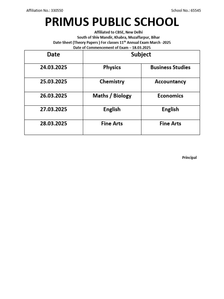 2025 Class 11 Exam Date-Sheet PRIMUS School | PDF