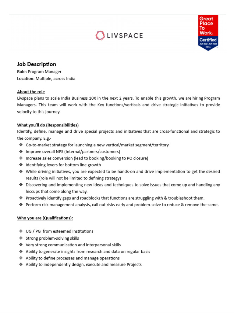 JD - Program Manager (Livspace) | PDF