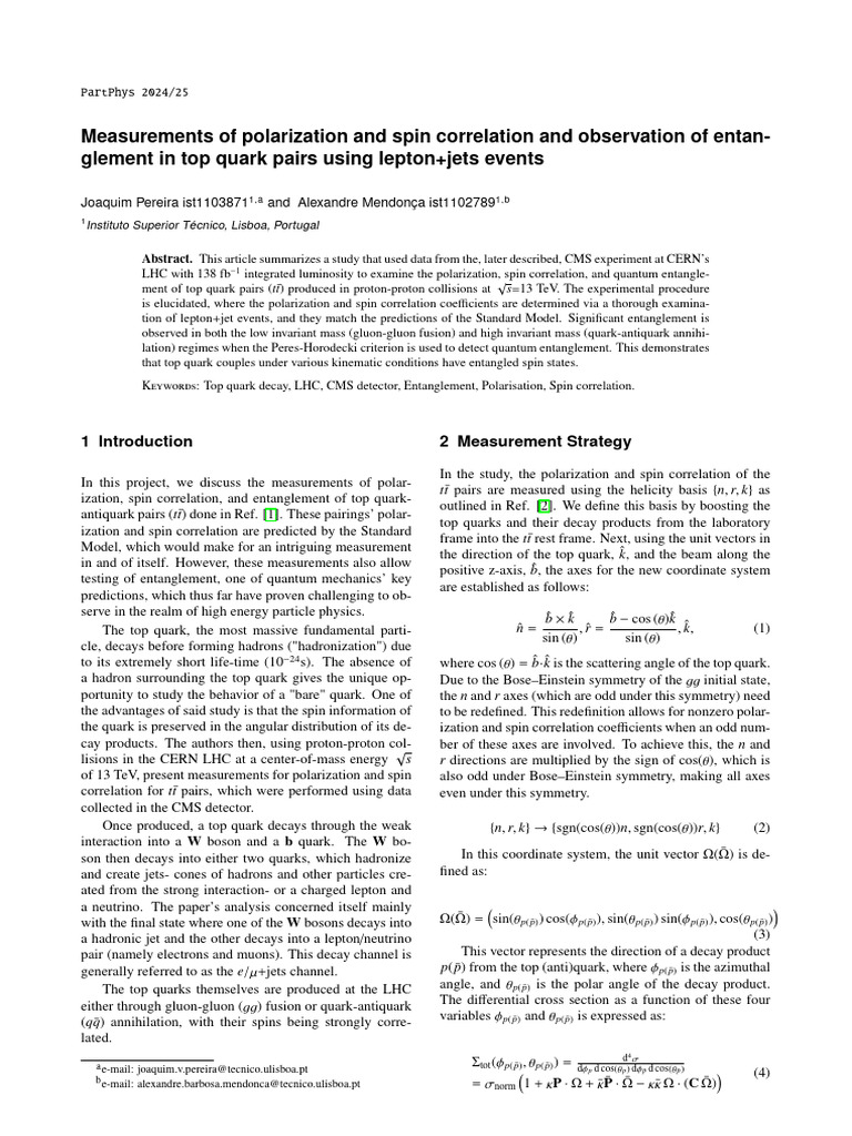 Top Quark Spin Correlation & Entanglement Analysis | PDF | Theoretical ...