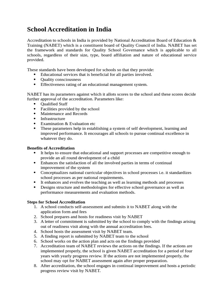 NABET School Accreditation Process in India | PDF