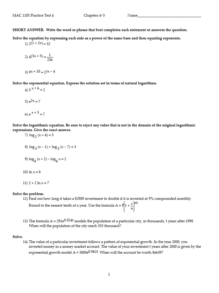 MAC 1105 Practice Test 4 Solutions | PDF | Logarithm | Mathematical ...